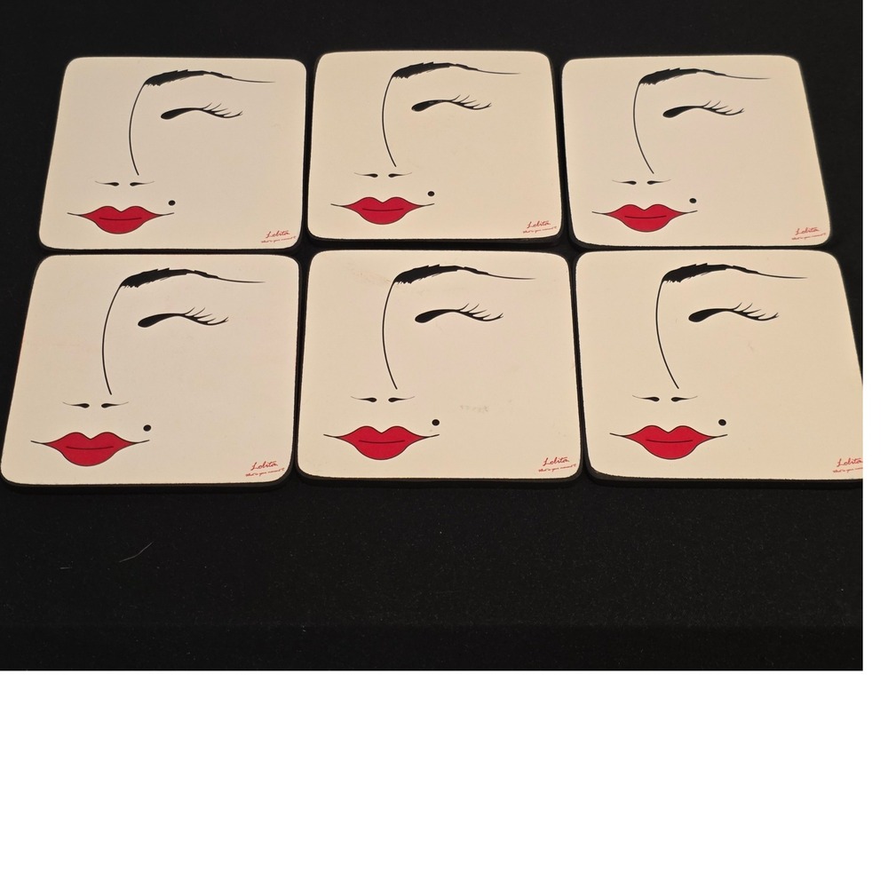 Lolita Whimsical Modern Sexy Red Lips Coasters Diva Barware Retro Glam Set of 6